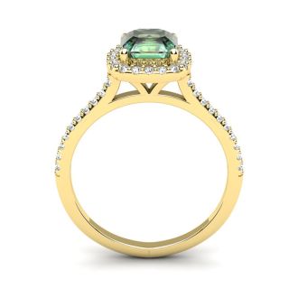 1 Carat Cushion Cut Green Amethyst and Halo Diamond Ring In 14K Yellow Gold