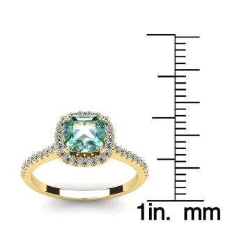 1 Carat Cushion Cut Green Amethyst and Halo Diamond Ring In 14K Yellow Gold
