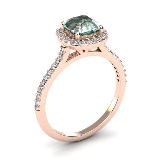 1 Carat Cushion Cut Green Amethyst and Halo Diamond Ring In 14K Rose Gold