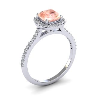 1-1/4 Carat Cushion Cut Morganite and Halo Diamond Ring In 14K White Gold
