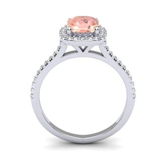 1-1/4 Carat Cushion Cut Morganite and Halo Diamond Ring In 14K White Gold