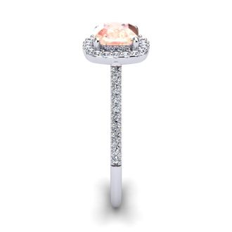 1-1/4 Carat Cushion Cut Morganite and Halo Diamond Ring In 14K White Gold