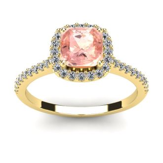 1-1/4 Carat Cushion Cut Morganite and Halo Diamond Ring In 14K Yellow Gold