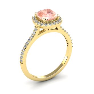 1-1/4 Carat Cushion Cut Morganite and Halo Diamond Ring In 14K Yellow Gold