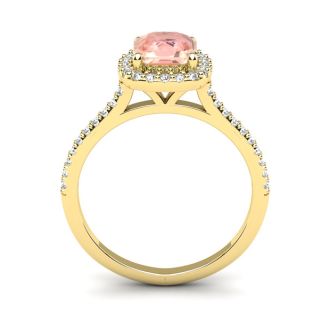 1-1/4 Carat Cushion Cut Morganite and Halo Diamond Ring In 14K Yellow Gold