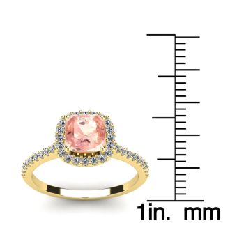 1-1/4 Carat Cushion Cut Morganite and Halo Diamond Ring In 14K Yellow Gold