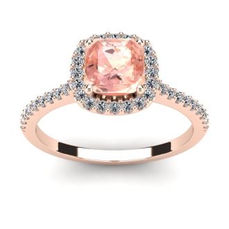 1 Carat Cushion Cut Morganite and Halo Diamond Ring In 14K Rose Gold