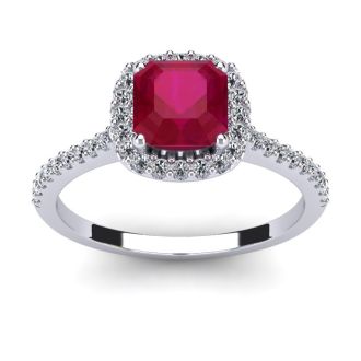 1 3/4 Carat Cushion Cut Ruby and Halo Diamond Ring In 14K White Gold