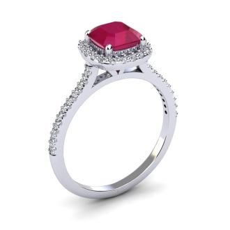 1 3/4 Carat Cushion Cut Ruby and Halo Diamond Ring In 14K White Gold