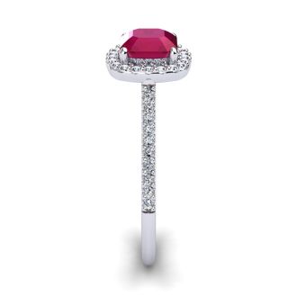 1 3/4 Carat Cushion Cut Ruby and Halo Diamond Ring In 14K White Gold