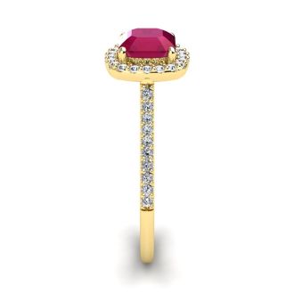 1 3/4 Carat Cushion Cut Ruby and Halo Diamond Ring In 14K Yellow Gold