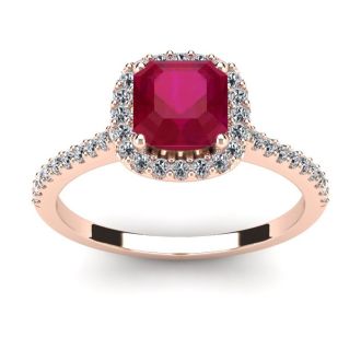 1 3/4 Carat Cushion Cut Ruby and Halo Diamond Ring In 14K Rose Gold