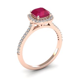 1 3/4 Carat Cushion Cut Ruby and Halo Diamond Ring In 14K Rose Gold