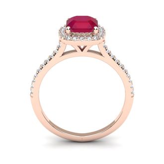 1 3/4 Carat Cushion Cut Ruby and Halo Diamond Ring In 14K Rose Gold