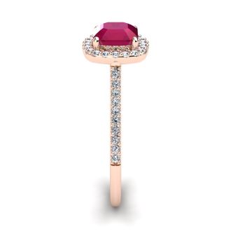 1 3/4 Carat Cushion Cut Ruby and Halo Diamond Ring In 14K Rose Gold