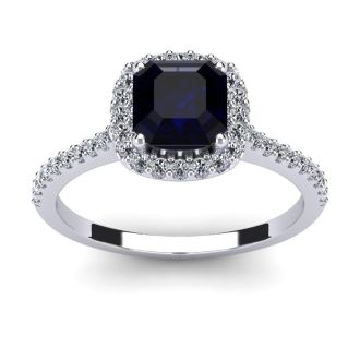 1 1/2 Carat Cushion Cut Sapphire and Halo Diamond Ring In 14K White Gold