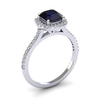 1 1/2 Carat Cushion Cut Sapphire and Halo Diamond Ring In 14K White Gold