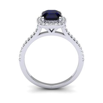 1 1/2 Carat Cushion Cut Sapphire and Halo Diamond Ring In 14K White Gold