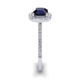 1 1/2 Carat Cushion Cut Sapphire and Halo Diamond Ring In 14K White Gold