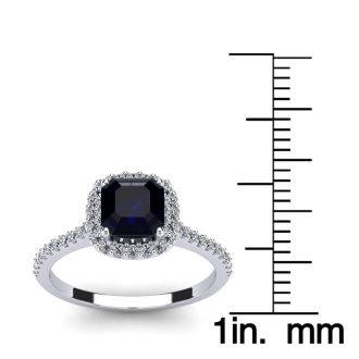 1 1/2 Carat Cushion Cut Sapphire and Halo Diamond Ring In 14K White Gold
