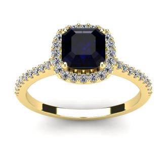 1 1/2 Carat Cushion Cut Sapphire and Halo Diamond Ring In 14K Yellow Gold