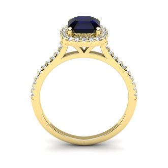 1 1/2 Carat Cushion Cut Sapphire and Halo Diamond Ring In 14K Yellow Gold