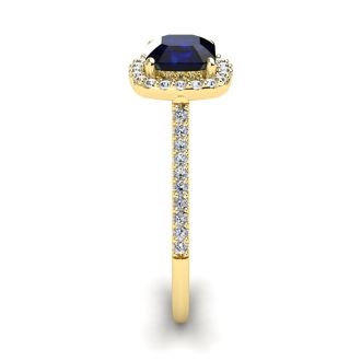 1 1/2 Carat Cushion Cut Sapphire and Halo Diamond Ring In 14K Yellow Gold