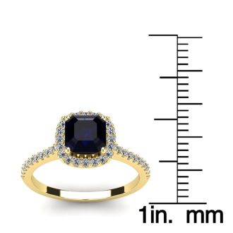 1 1/2 Carat Cushion Cut Sapphire and Halo Diamond Ring In 14K Yellow Gold