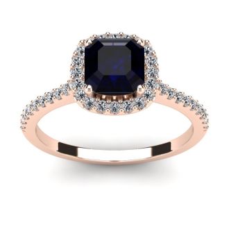 1 1/2 Carat Cushion Cut Sapphire and Halo Diamond Ring In 14K Rose Gold