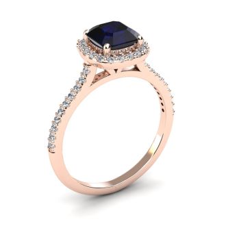 1 1/2 Carat Cushion Cut Sapphire and Halo Diamond Ring In 14K Rose Gold