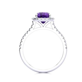 2 Carat Cushion Cut Amethyst and Halo Diamond Ring In 14K White Gold