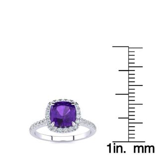 2 Carat Cushion Cut Amethyst and Halo Diamond Ring In 14K White Gold