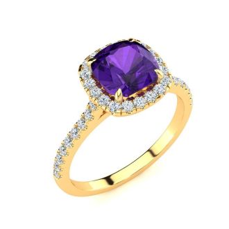 2 Carat Cushion Cut Amethyst and Halo Diamond Ring In 14K Yellow Gold