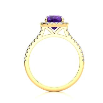 2 Carat Cushion Cut Amethyst and Halo Diamond Ring In 14K Yellow Gold