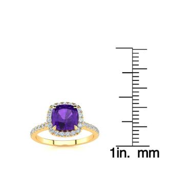 2 Carat Cushion Cut Amethyst and Halo Diamond Ring In 14K Yellow Gold