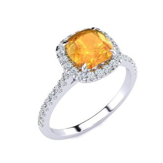 2 Carat Cushion Cut Citrine and Halo Diamond Ring In 14K White Gold