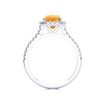 2 Carat Cushion Cut Citrine and Halo Diamond Ring In 14K White Gold