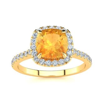 2 Carat Cushion Cut Citrine and Halo Diamond Ring In 14K Yellow Gold