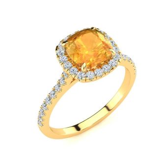 2 Carat Cushion Cut Citrine and Halo Diamond Ring In 14K Yellow Gold