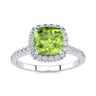 2 Carat Cushion Cut Peridot and Halo Diamond Ring In 14K White Gold