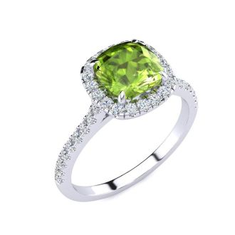 2 Carat Cushion Cut Peridot and Halo Diamond Ring In 14K White Gold