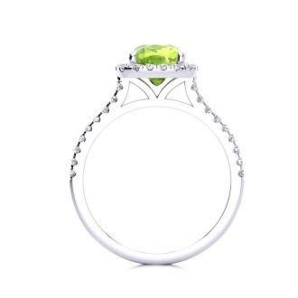 2 Carat Cushion Cut Peridot and Halo Diamond Ring In 14K White Gold