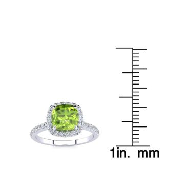2 Carat Cushion Cut Peridot and Halo Diamond Ring In 14K White Gold