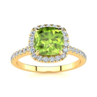 2 Carat Cushion Cut Peridot and Halo Diamond Ring In 14K Yellow Gold