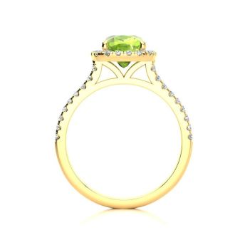 2 Carat Cushion Cut Peridot and Halo Diamond Ring In 14K Yellow Gold