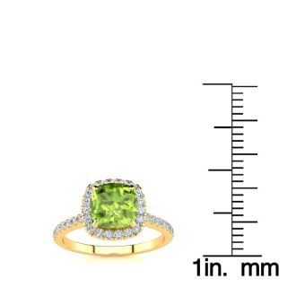 2 Carat Cushion Cut Peridot and Halo Diamond Ring In 14K Yellow Gold