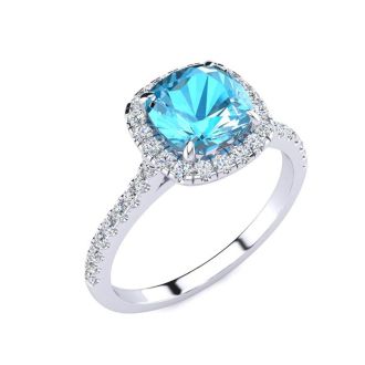 2 Carat Cushion Cut Blue Topaz and Halo Diamond Ring In 14K White Gold