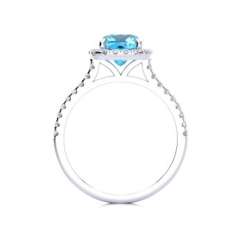 2 Carat Cushion Cut Blue Topaz and Halo Diamond Ring In 14K White Gold