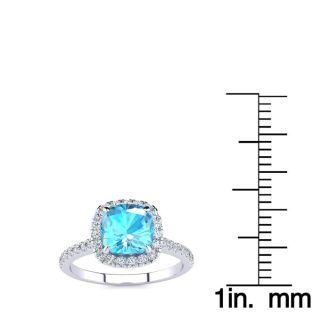 2 Carat Cushion Cut Blue Topaz and Halo Diamond Ring In 14K White Gold