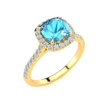2 Carat Cushion Cut Blue Topaz and Halo Diamond Ring In 14K Yellow Gold